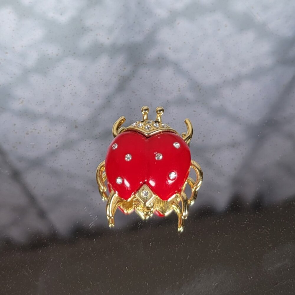 Vintage Brooch Lady Bug with Clear Gemstones Red and Gold Tone
